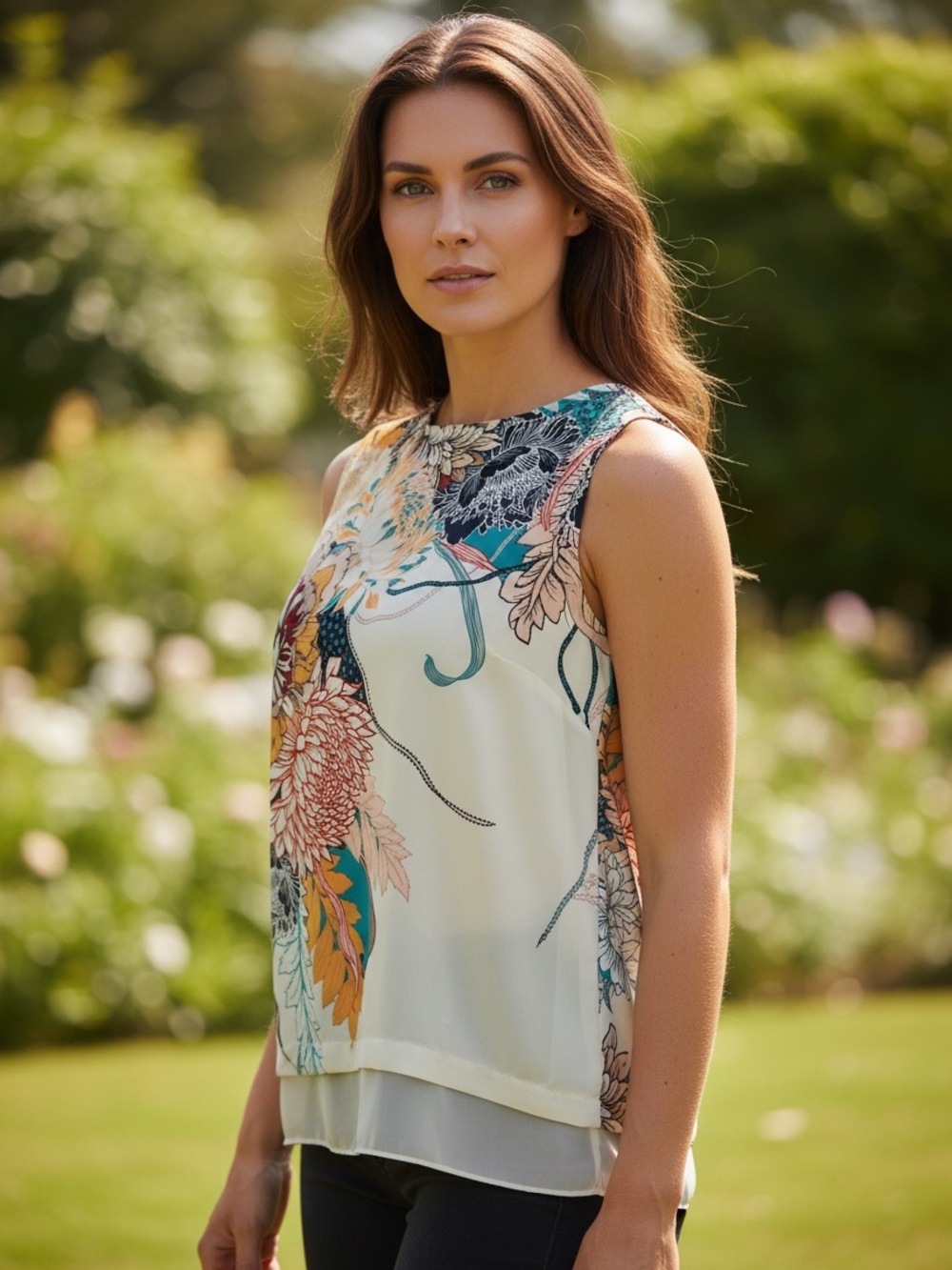 Rose + Olive Sleeveless Graphic Floral Asymmetrical Women's Top in Cream M